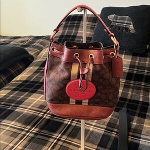 Coach Signature Jacquard Dempsey Bucket Crossbody Bag With Stripes and Patch